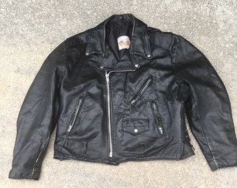 Black leather motorcycle jacket - Harley Davidson patch - 70s - 80s - size 48 - insulated lining mens