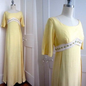 60s Yellow Prom Dress Sylvia Ann Maxi Short Sleeves Embroidered Flowers Empire Waist Lace Bow Small New Without Tags image 1