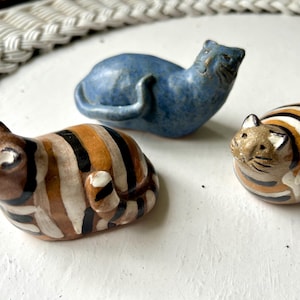 3 Ceramic Cats Sculpture figurines - cat collection Handmade  - Stoneware - 2 striped cats - blue cat glazed ooak