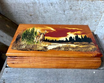 Cederhouten kist hert bomen western grafisch midden van de eeuw rustiek hut decor sieradendoos houten kist