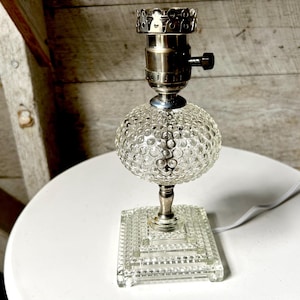 40s Hobnail clear glass lamp - boudoir lamp - hob nail sphere silver metal stem small lamp