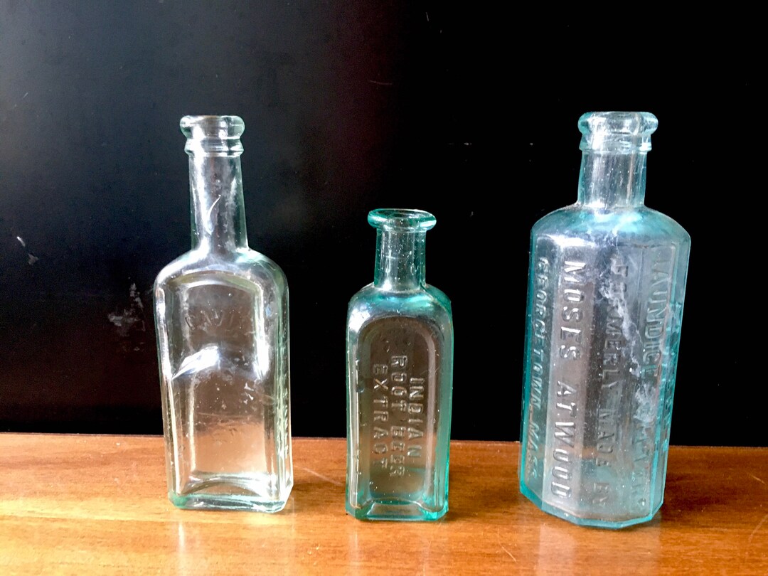 3 Blue Green Antique Glass Bottles - Root Beer Extract - 20s - Small ...