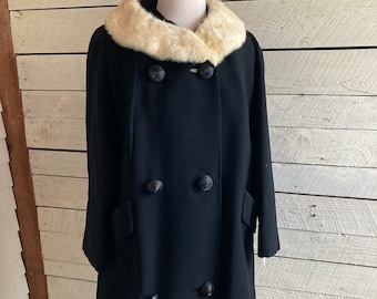 White mink collar wool coat black wool dress coat 50s 60s overcoat