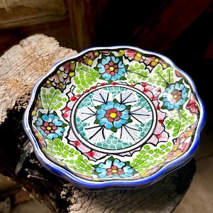 Vintage Mexican Talavera ceramic trinket dish scalloped bowl handmade folk art glazed no lead trinket bowl signed