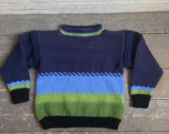 New Hand knit Childs sweater stripe light blue navy green raised stripes handmade pullover kids sweater