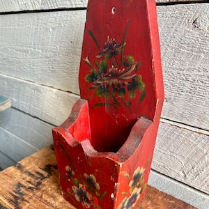 Farmhouse red wood mail holder hand painted floral design handmade hangs on wall or sits on shelf storage key holder