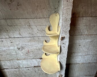 50s Handmade wood corner shelves pale yellow paint distressed farmhouse 3 shelves zigzag scalloped edges
