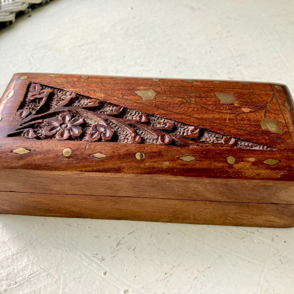 Wood box hand carved copper inlay floral design jewelry box trinket