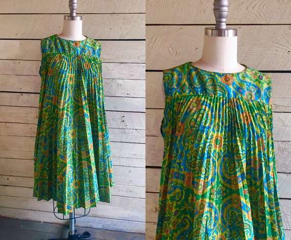 60s mod green paisley pleated A-line dress - circl