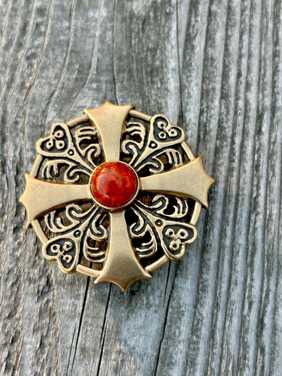 Vintage Kalevala Koru bronze & stone brooch pendant Finland Kuuklven Koru