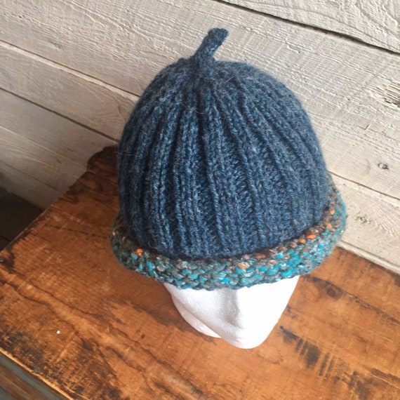 Hand knit wool hat - ribbed - blue green - handma… - image 4