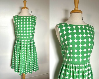 60s dress cotton green Marimekko circle print rockabilly - fitted waist - full skirt - sleeveless