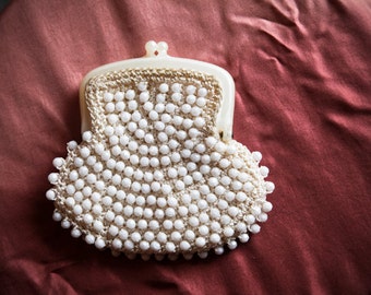60's - Crocheted -  Beaded Purse - White - Italy - Small - Special Occasion