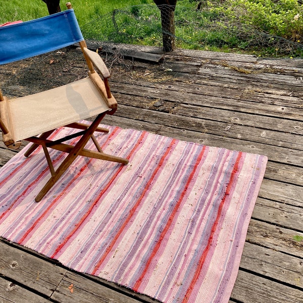 Handmade rag rug - farmhouse handmade woven - rustic pink red purple - cottagecore
