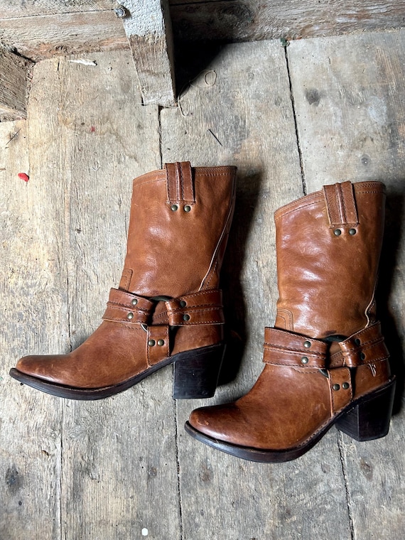 FRYE HARNESS Brown Mid-Calf Leather Boots with Harness Detail FRYE Wyatt Harness Boot ~ Dark Brown Vintage Leather  main image 2
