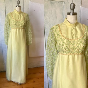 Yellow chiffon dress 60s prom dress  maxi formal polyester - long sleeves