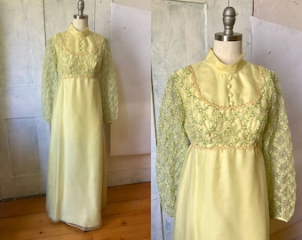 Yellow chiffon dress 60s prom dress  maxi formal polyester - long sleeves