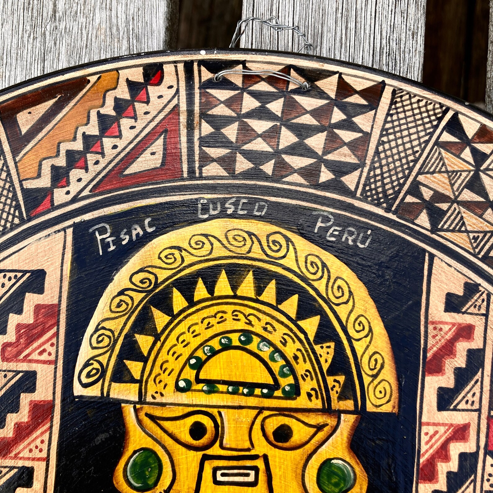Peru Wall Plaque Hand Painted Wood Round Ethnic Symbols Wall Etsy