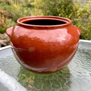 Stengods lerkruka - brun - lantlig - 2 handtag - bönkruka - keramik - glaserad - Oven Ware USA