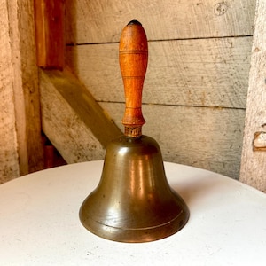 Antique large brass bell wood handle deep sound farmhouse decor large heavy bell iron clapper schoolhouse bell
