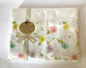 Vintage Dan River pastel floral print flat double bed sheet cotton fine muslin USA Made New in package