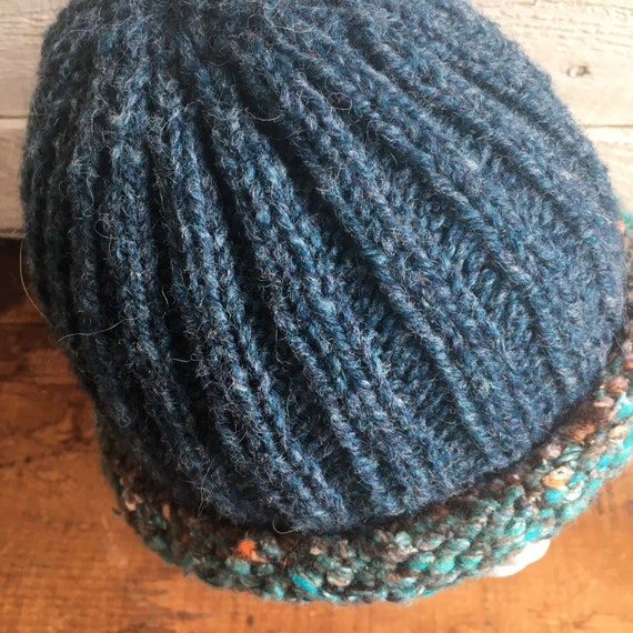 Hand knit wool hat - ribbed - blue green - handma… - image 6