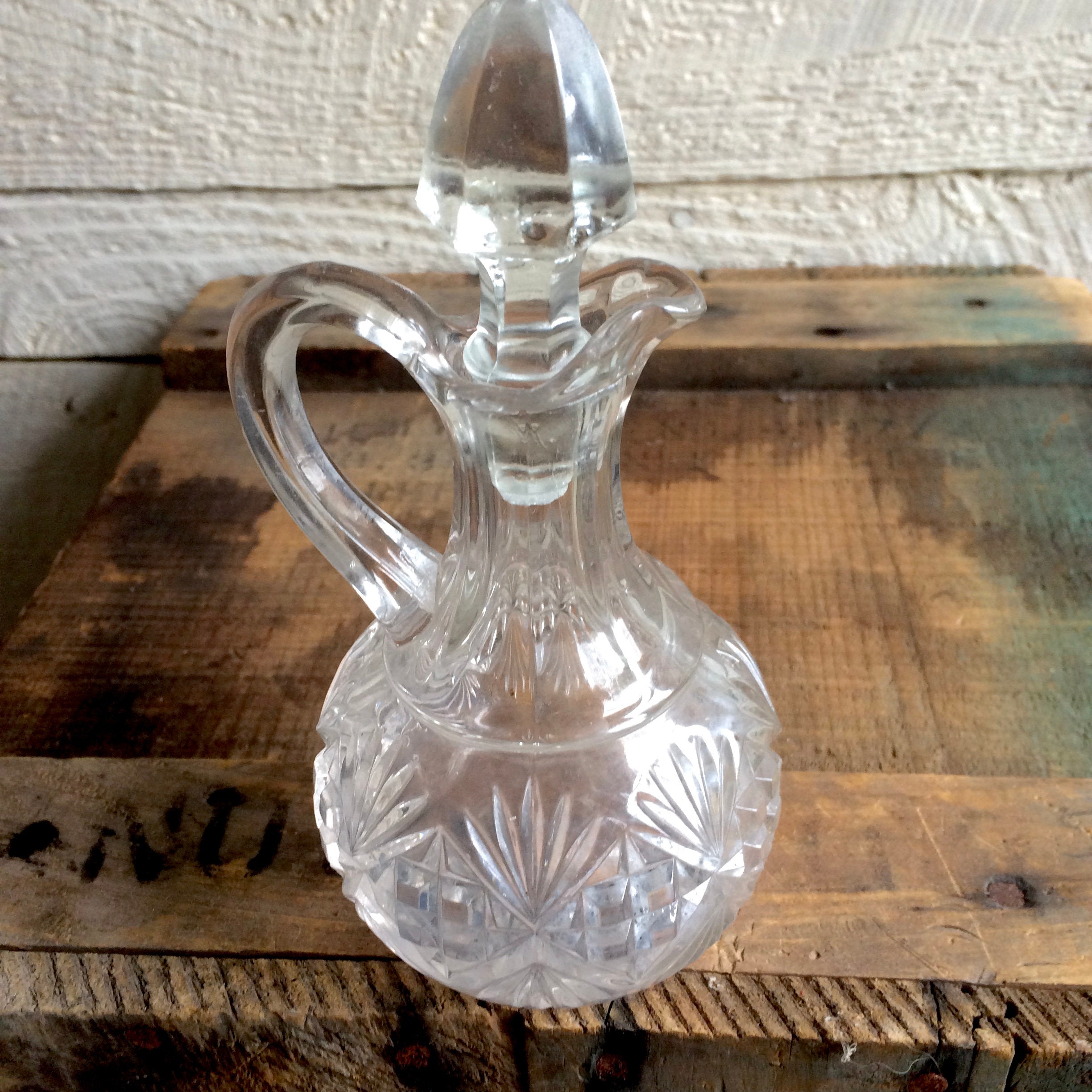 Clear Cut Glass Cruet Glass Stopper Handle Small Pitcher Etsy UK