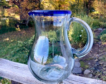 Large glass pitcher Mexico hand blown blue and clear glass handmade bubble glass