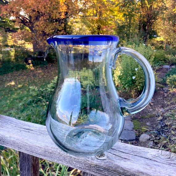 Large Glass Pitcher Mexico Hand Blown Blue and Clear Glass Handmade Bubble  Glass 