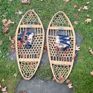 Vintage Schneeschuhe - Snocraft - Holz - Naturleder - Kunstlederbindung - Ovale Schneeschuhe