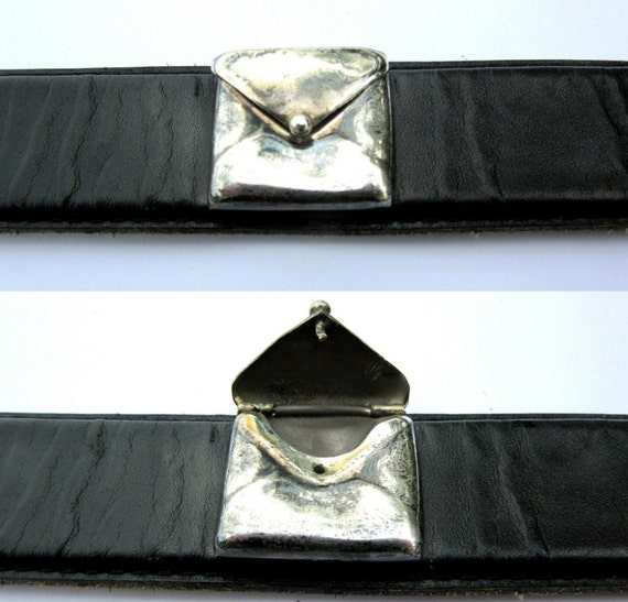 Black Leather Belt - Silver Envelopes - Brass Buc… - image 2