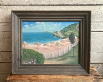 Obraz w stylu vintage, Bermudy, plaża, krajobraz, rama drewniana, pejzaż, prymitywny, rustykalny, różowy piasek, ocean