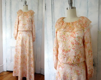 Vestido largo de gasa floral estilo años 70 - Mangas largas - Vestido largo - Tejido satinado suave - Puño elástico