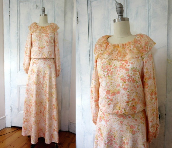 70s Floral Chiffon Maxi Dress - Long Sleeves - Lo… - image 1