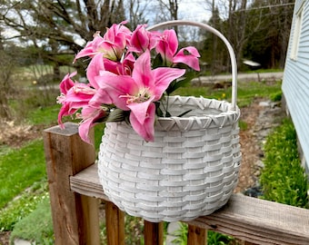 Split wood whitewash round large basket handle farmhouse storage  rustic primitive  - handmade