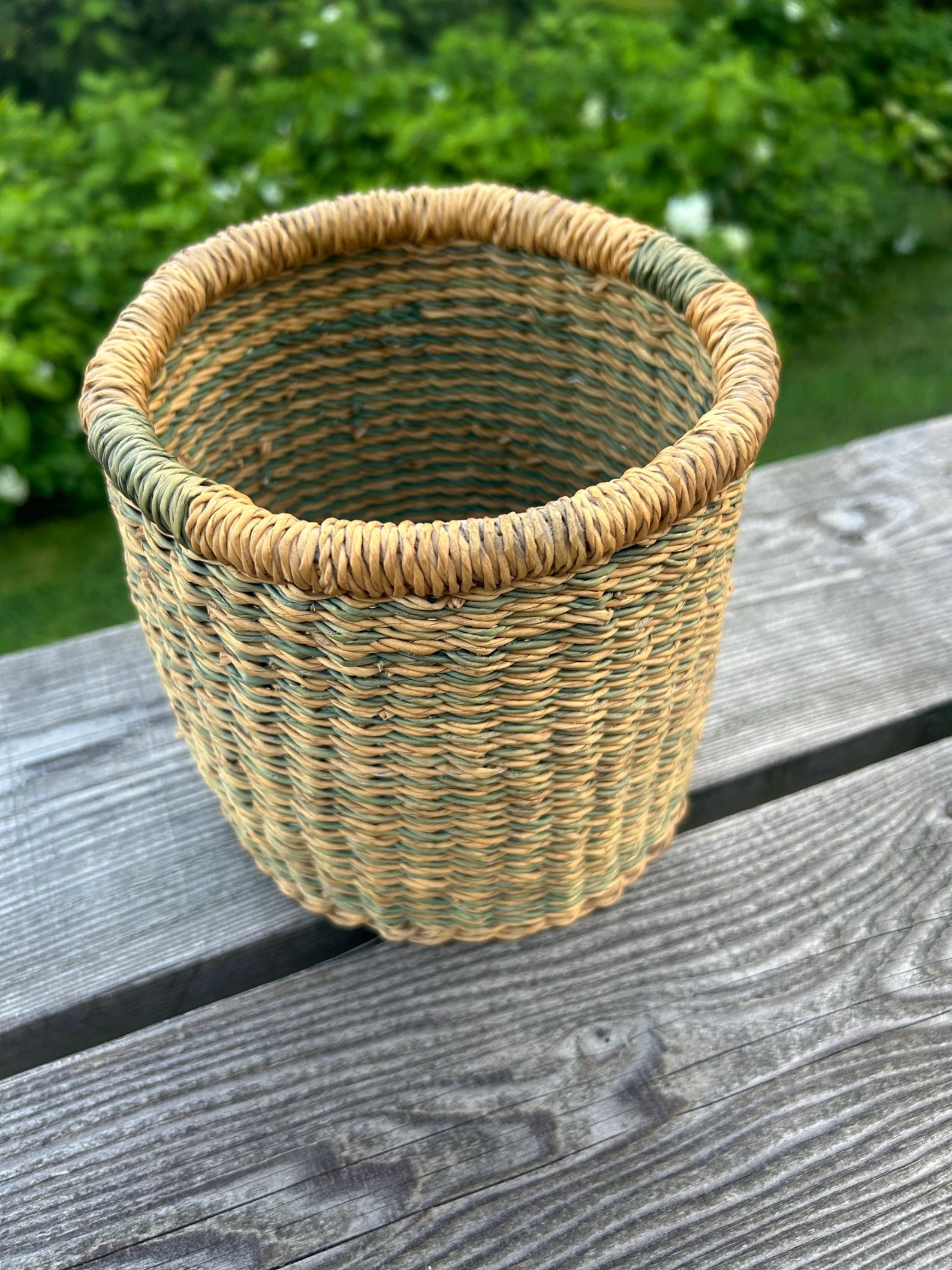 Tan and Green Woven Grass Wicker Basket - Striped - Tightly Woven Hard ...