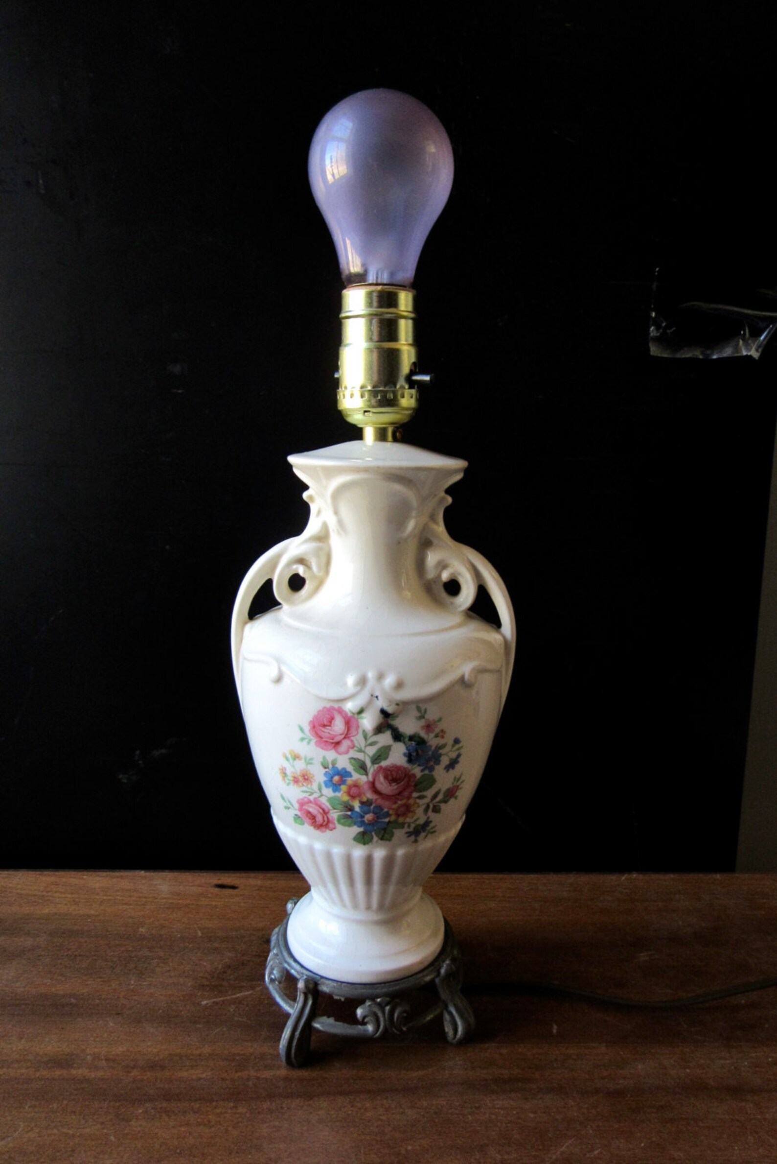 Ceramic Urn Lamp Floral Porcelain Lamp Metal Foot Etsy