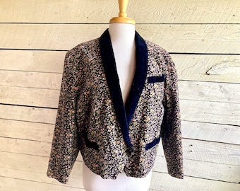 80s velvet floral boxy jacket black velvet collar one button blazer small floral print