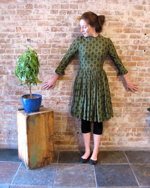 Vintage 1950s Green Cotton Dress Calico Print - Mad Men - Early 60s - Small  - XS - 50s School Dress - Full Skirt - Etsy