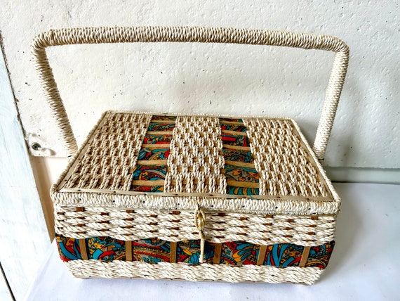 60s  sewing basket - made in Japan satin lining w… - image 2