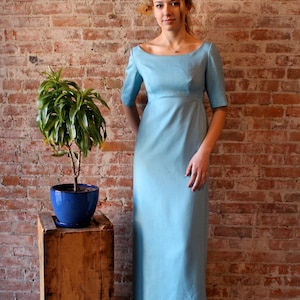 1960er Abendkleid - Schleife - Maxi - Lang - Kleid in voller Länge - Formell - Leinen - Empire-Taille - Kleine Größe
