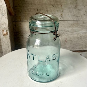 30s Farmhouse Atlas Mason quart jar blue wavy glass canning jar aqua blue storage - kitchen decor