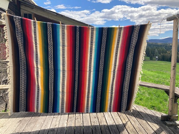 ラグ・カーペット Multi Stripe Wool Mexican Blanket Mexican Blanket Rug Hand Woven Heavy Stripe Design - Blue Red