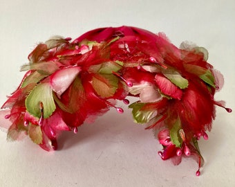 50s Jane Morgan Petal Fascinator Hat Wire Frame - Fuchsia Hat -Satin Bow - silk Leaves Beads Netting