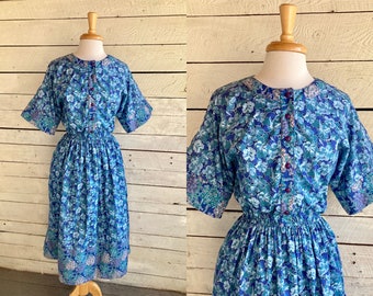70s blue cotton floral shift mid length sleeves lightweight dress handmade