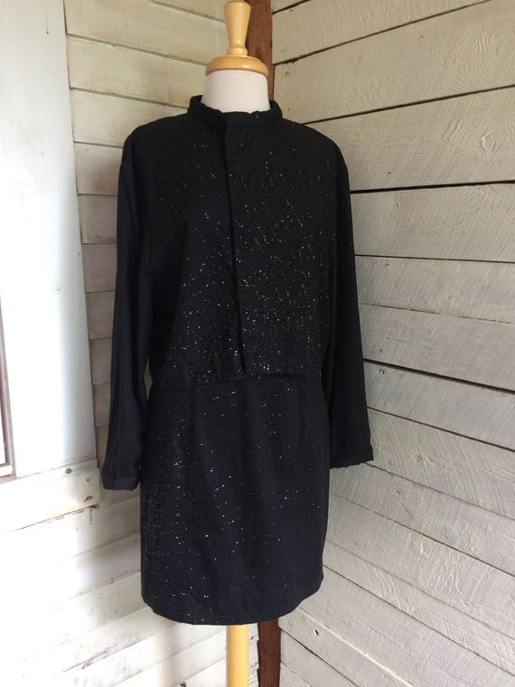80s 90s Black Sequin Suit Gene Ewing Bis Jacket and Skirt Zip 