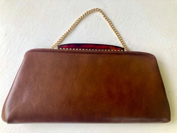 60s brown faux leather clutch  - gold chain strap… - image 10