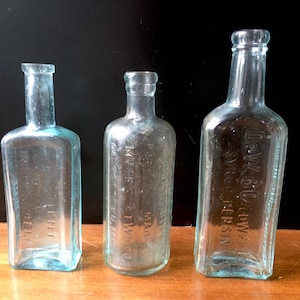 3 blue green antique glass bottles - 20s - small bottles -  Atwood jaundice bitters - 12 sided bottle - liniment