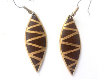 Handmade ceramic drop earrings - brown and gold -j