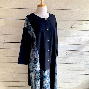 Blue and black patchwork cotton XL loose comfy dress A line button down blue print